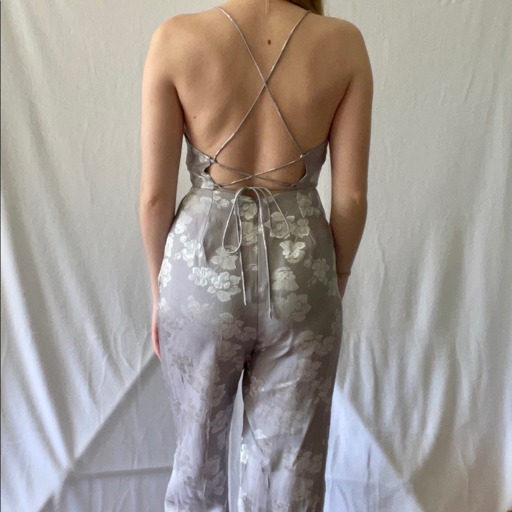 xs lavender floral wide leg jumpsuit